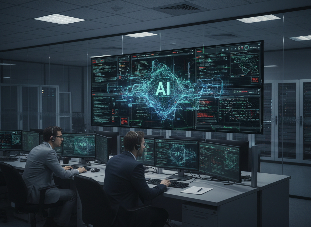 Cyber defenders monitoring an AI-driven intrusion in a secure data center control room.