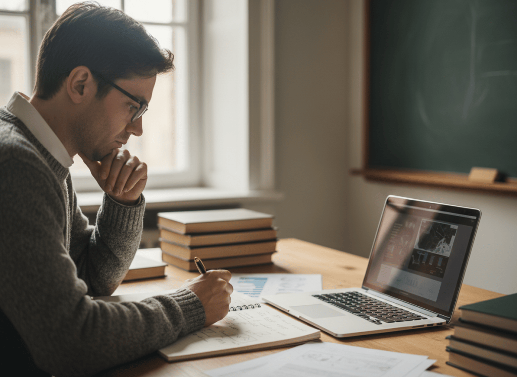 Researcher reviewing technical notes beside a laptop