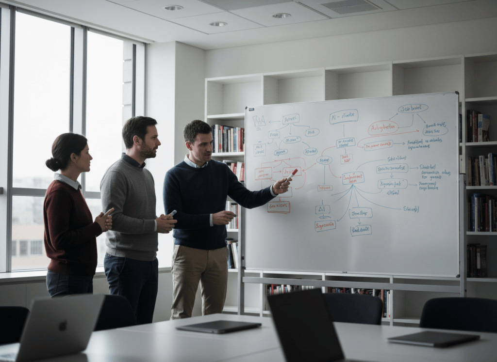 Researchers discussing AI safety around a whiteboard