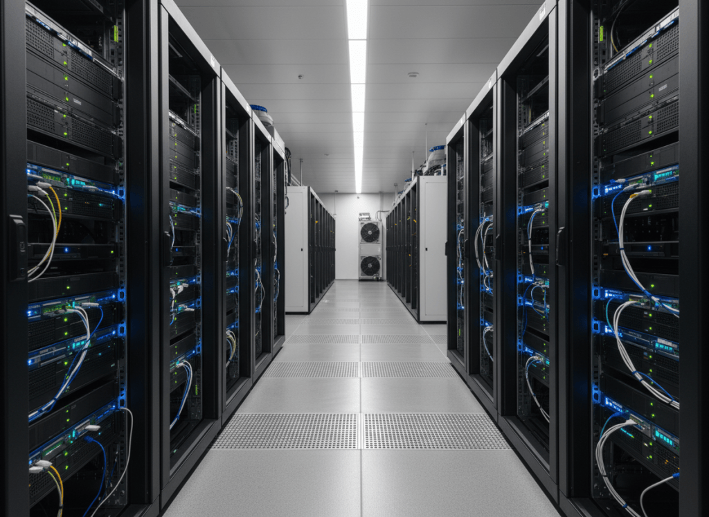 Rows of server racks in a modern data center